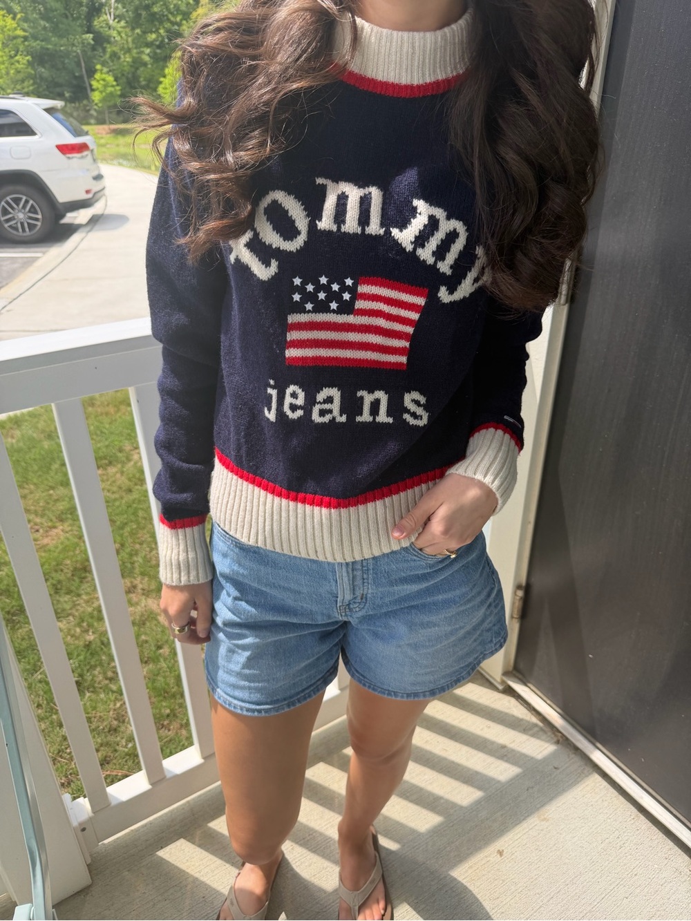Rare Vintage Tommy Hilfiger Navy Crewneck Sweater with Flag Motif